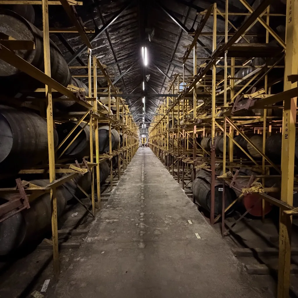Lange Fassgasse im traditionellen Dunnage-Warehouse von Blair Athol mit gelben Holzgestellen