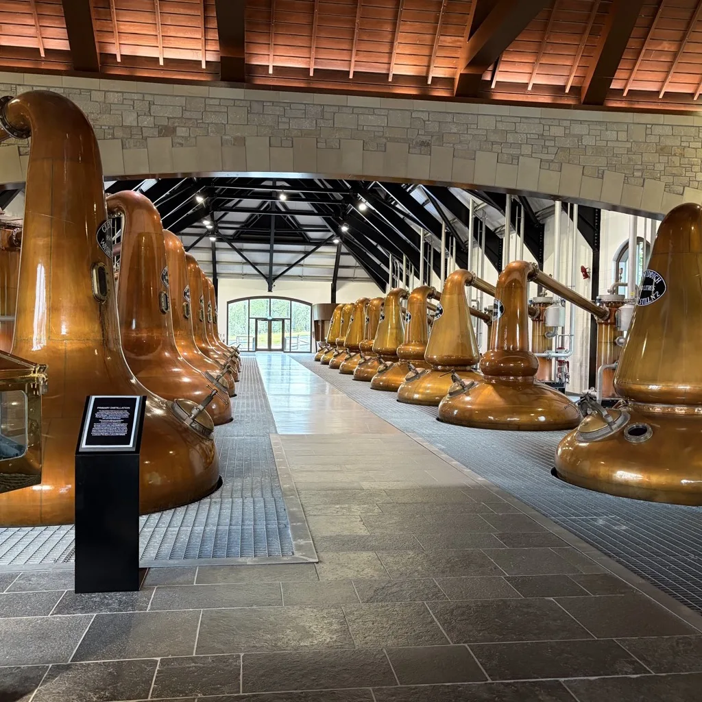 Die Stillhouse von Glenfiddich mit zwei Reihen kupferner Brennblasen unter einem Holzdach